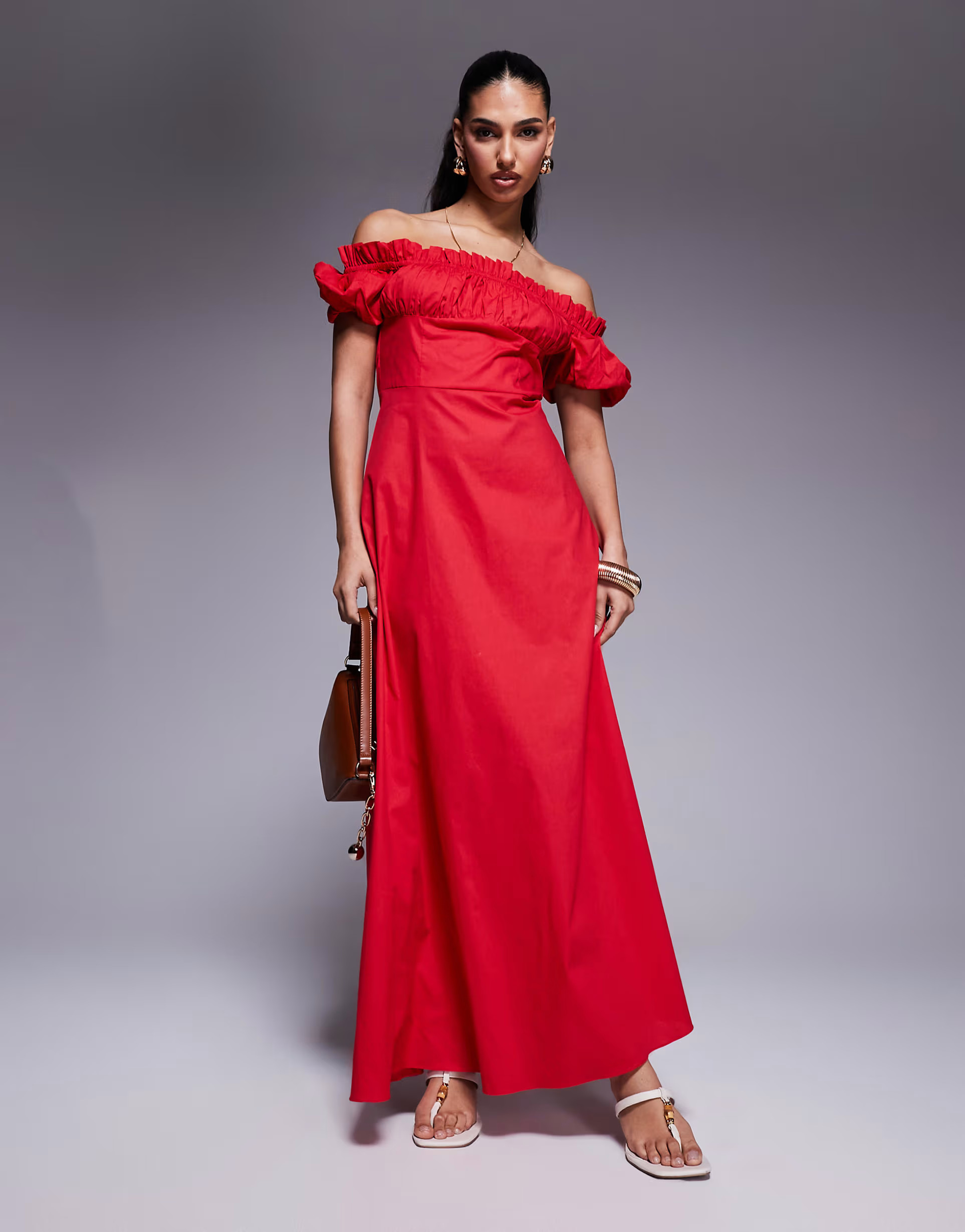 Kaiia exclusive off the shoulder poplin puff sleeve maxi dress in red | ASOS (Global)