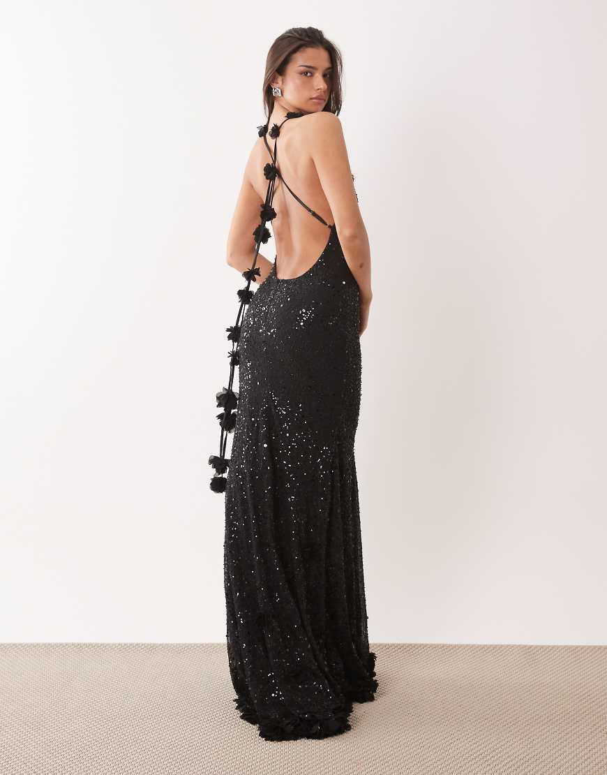 Oh Polly premium embellished plunge tie back floral detail maxi dress in black | ASOS (Global)