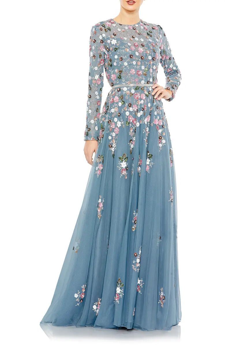 Floral Sequin Illusion Long Sleeve Gown | Nordstrom