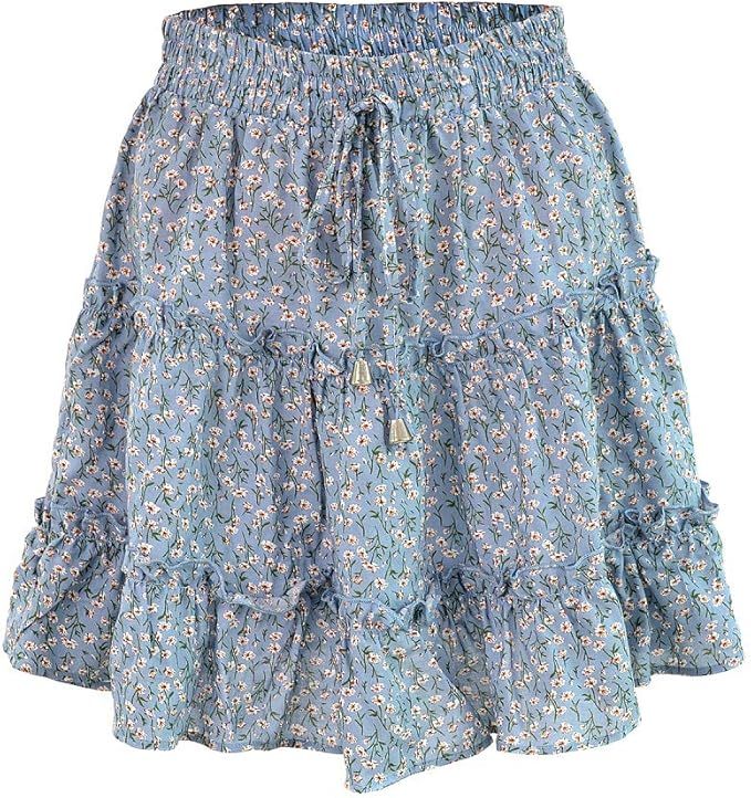 VNDFLAG Women's Summer High Waist Ruffle Tiered Mini Skirt Floral Printed A-line Polka Dot Beach ... | Amazon (US)