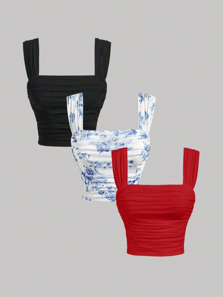 SHEIN MOD 3 Packs Of Simple Pleated Front Vests, Fall Sleeveless Tops, Layering Tops, Going Out V... | SHEIN