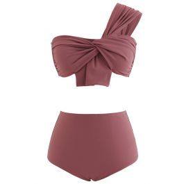 Sweet Knot One-Shoulder Bikini Set in Rust Red | Chicwish