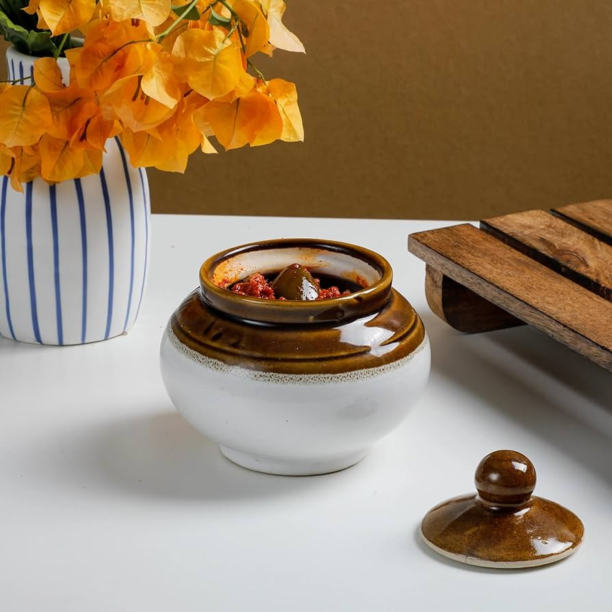 Desi Favors Old Fashioned Round Pickle Jar | Ceramic Round Indian Pickle Jar for Dining Table, Ha... | Amazon (US)