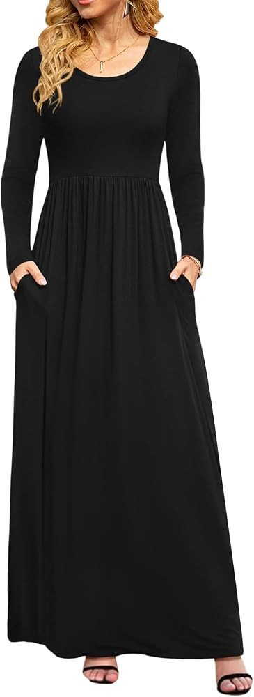 DB MOON Women Casual Long Sleeve Maxi Dresses Empire Waist Long Dress with Pockets | Amazon (US)