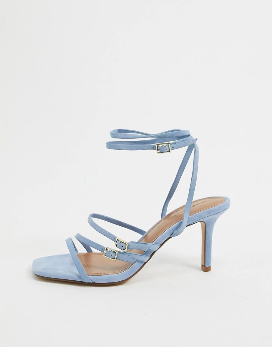 Who What Wear Everly buckle straps heeled sandals in blue leather | ASOS (Global)