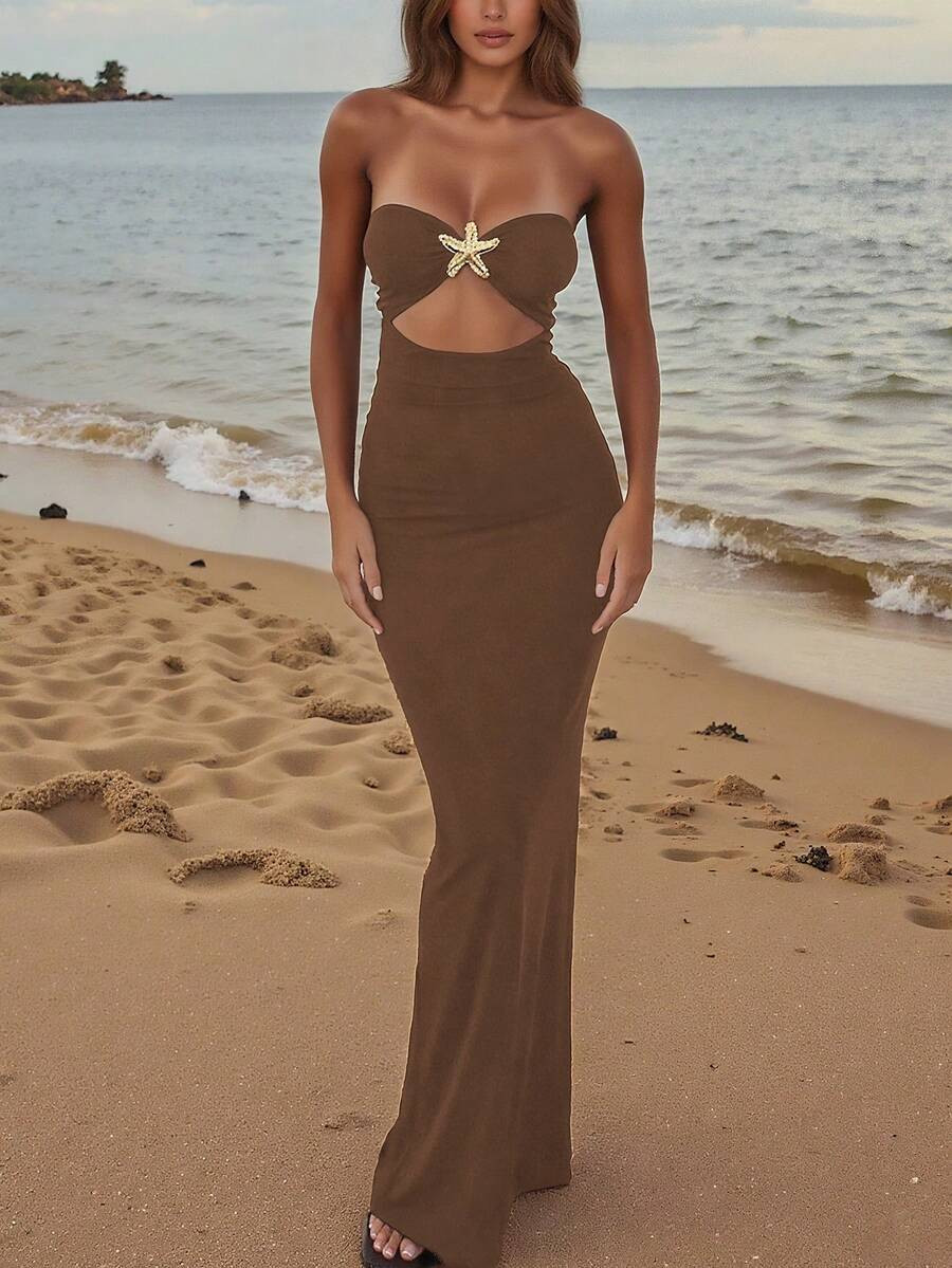 Women's Sexy Hollow-Out Bandeau Starfish Metal Decor Bodycon Maxi Dress, Long Backless Y2K Elegan... | SHEIN
