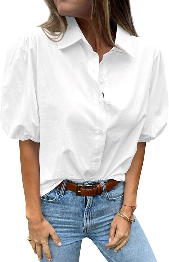 Tankaneo Women's Button Down Shirts Short Puff Sleeve Collared Dressy Casual Blouse Tops | Amazon (US)