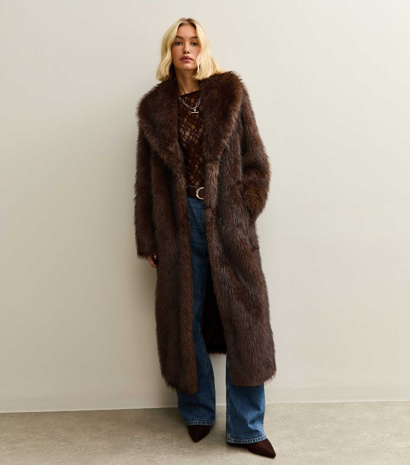Dark Brown Faux Fur Longline Coat | New Look | New Look (UK)