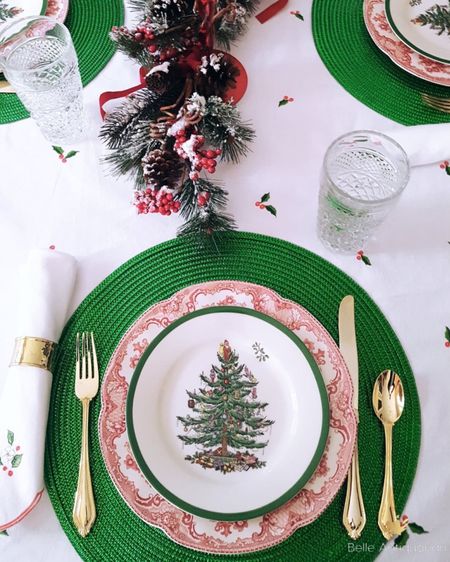 Many of the items pictured in this Christmas tablescape are currently Black Friday deals. (Even though it’s not Black Friday yet, they’re already on sale.)
This look is achieved by layering a Spode Christmas salad plate on top of an Old Britain dinner plate.
🎄🎄🎄🎄🎄🎄🎄

#LTKhome #LTKsalealert #LTKfamily