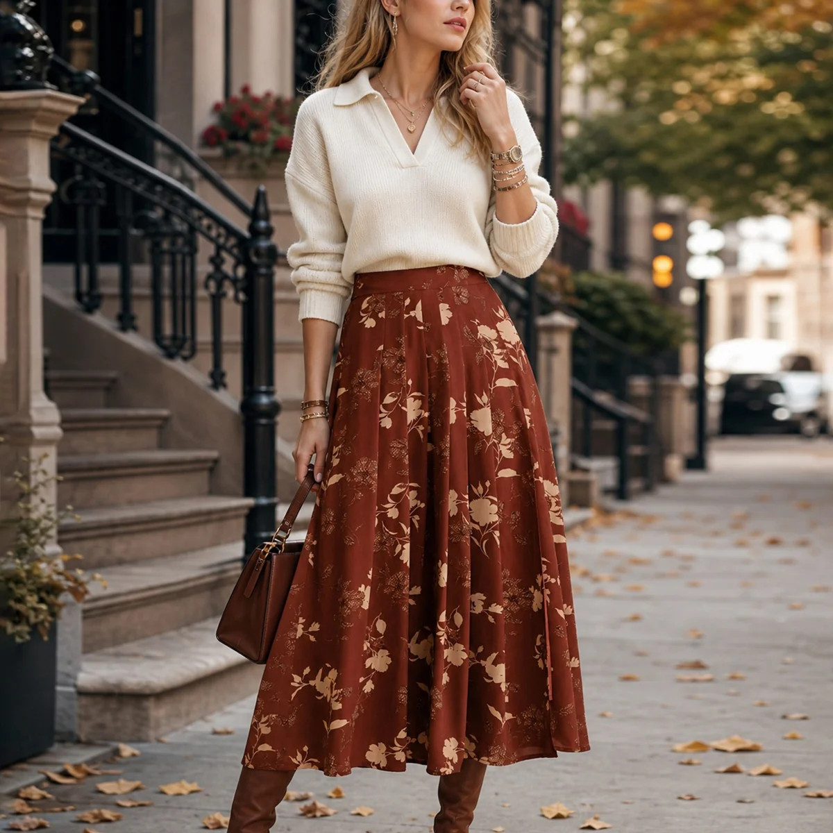 Red Elastic Waist Floral Slit Midi Skirt & Reviews - Red - Bottoms | RIHOAS | rihoas.com