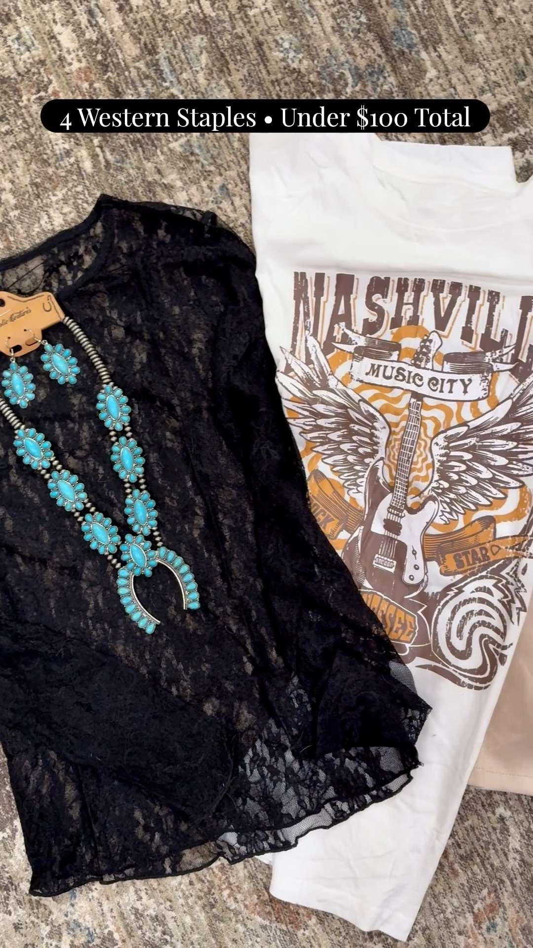 These new western staples just arrived from Amazon and I had to share them up close 👢🤍

I grabbed these as signature mix + match pieces you can style so many ways — layer the lace long sleeve under the Nashville graphic tee for an elevated everyday look, or top everything off with the fringe jacket for instant western vibes.

✨ The best part? All FOUR pieces are under $100 total — affordable versatility with endless outfit possibilities.

✔️ Nashville graphic tee
✔️ Lace long sleeve layering top
✔️ Fringe jacket statement piece
✔️ Western-inspired accessories

Perfect for concerts, casual days, or building a western capsule wardrobe on a budget 🤠

Tap to shop these Amazon finds — try-on styling video coming later this week! 🔥

#LTKgrwm #LTKSaleAlert #LTKootd