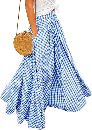 Women's Plaid Gingham Maxi Skirt High Waist A Line Pleated Flared Summer Casual Swing Long Skirt ... | Amazon (US)