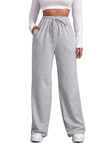 FACDIBY Wide Leg Sweatpants for Women Elastic High Waisted Drawstring Loose Pants with Pockets, Light Grey, S | Amazon (US)