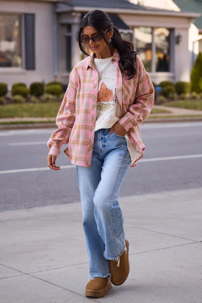 Rory Pink And Brown Plaid Flannel Top | Pink Lily