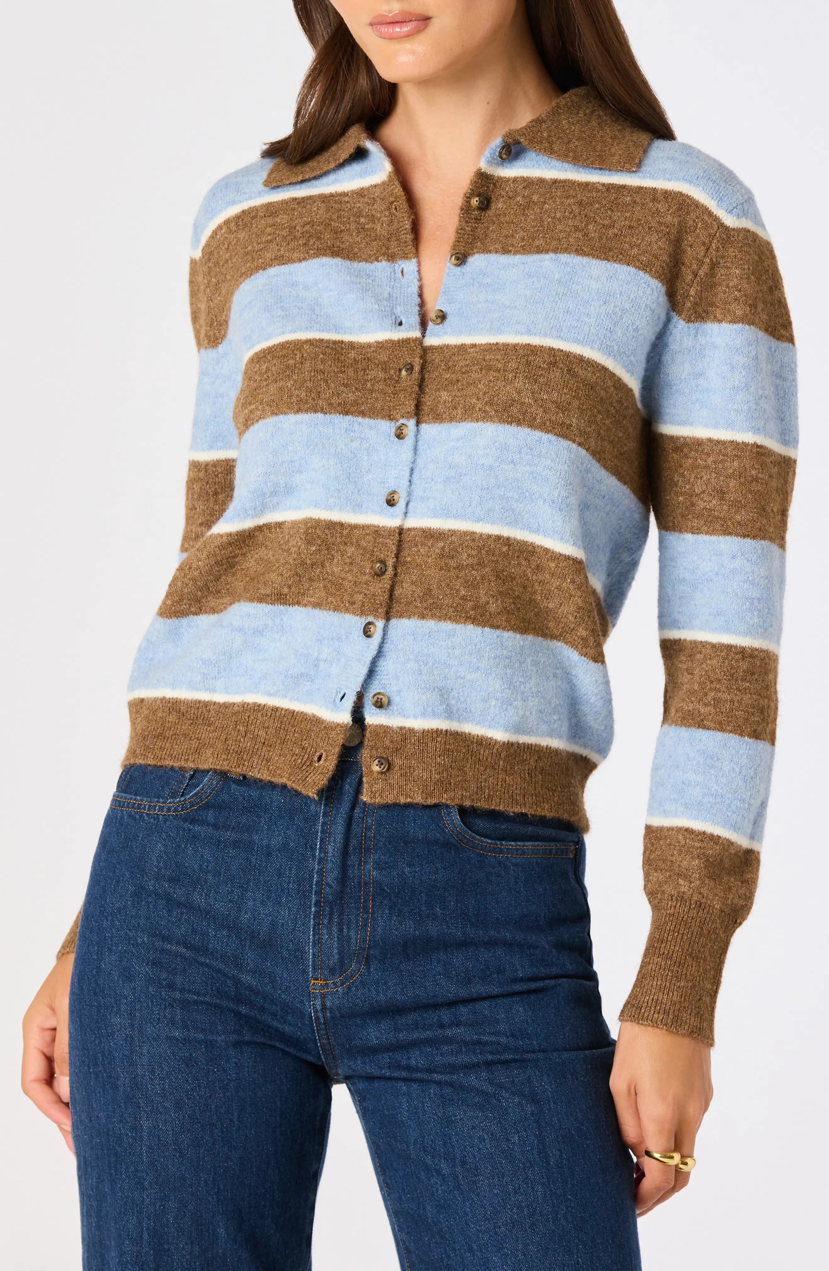 ASTR the Label Margrid Stripe Cardigan in Brown Pink at Nordstrom, Size Medium | Nordstrom