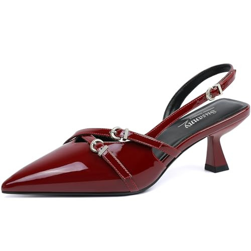 Susanny Burgundy Kitten Heels for Women Pointed Closed Toe Red Pumps Comfort Sling Back High Heels Sexy Strappy Buckle Dress Wedding Bridal Party Low Heel Shoes Size 11 | Amazon (US)