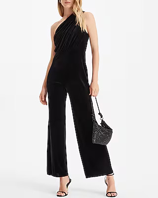 Velvet One Shoulder Ruched Wide Leg Jumpsuit | Express