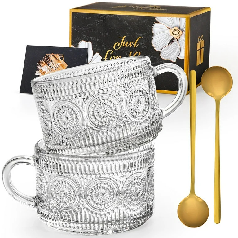 QuyimyCoffee Cup Vintage Glass Mugs 14 Ounces Set of 2 Embossed Tea Cups Stackable with Four Spoo... | Walmart (US)