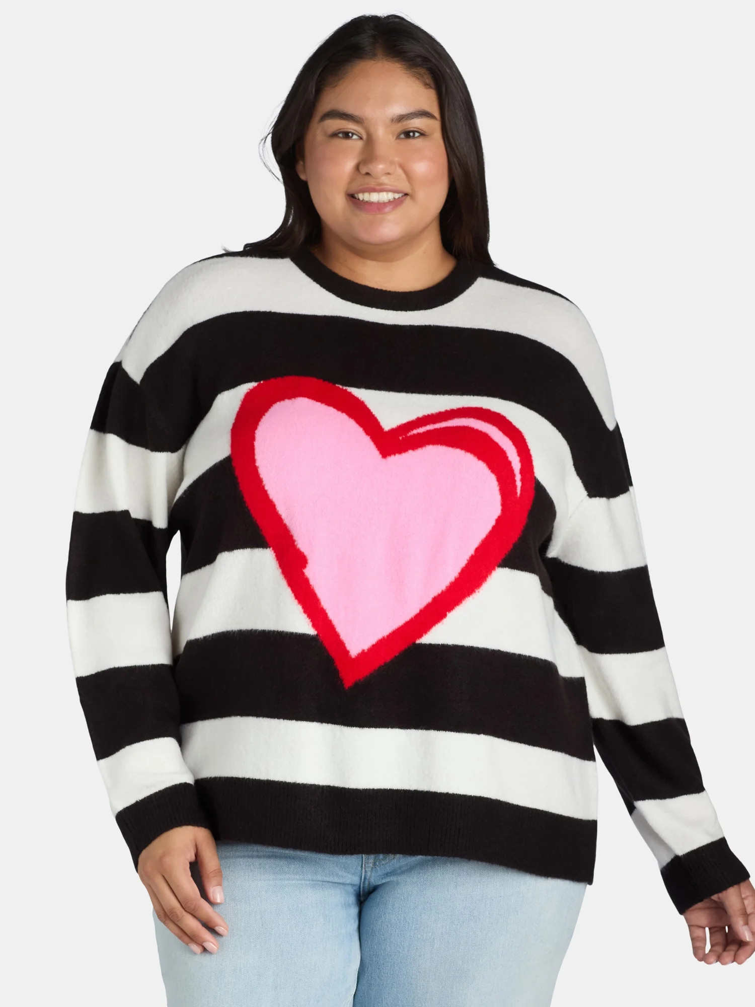 99 Jane Street Women’s and Women's Plus Striped Sweater with Heart Design, Sizes XS-4X | Walmart (US)