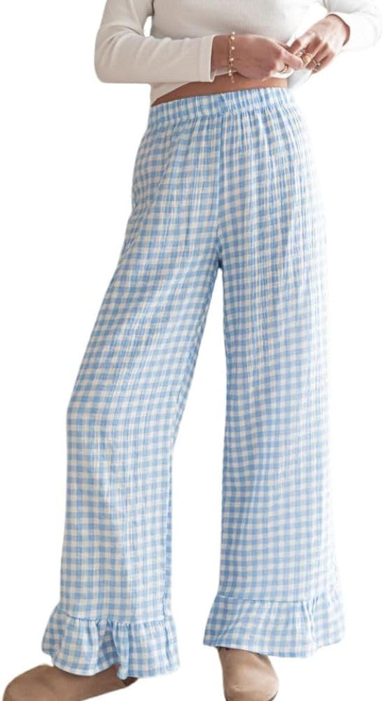 Womens Gingham Pants Wide Leg Lounge Pants Y2k Plaid Print Ruffle Hem Loose Trouser | Amazon (US)