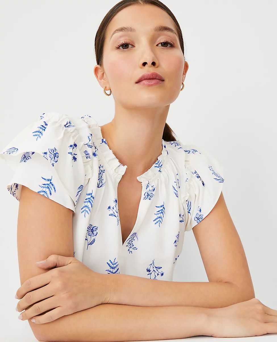 Floral Mixed Media Flutter Sleeve Top | Ann Taylor (US)