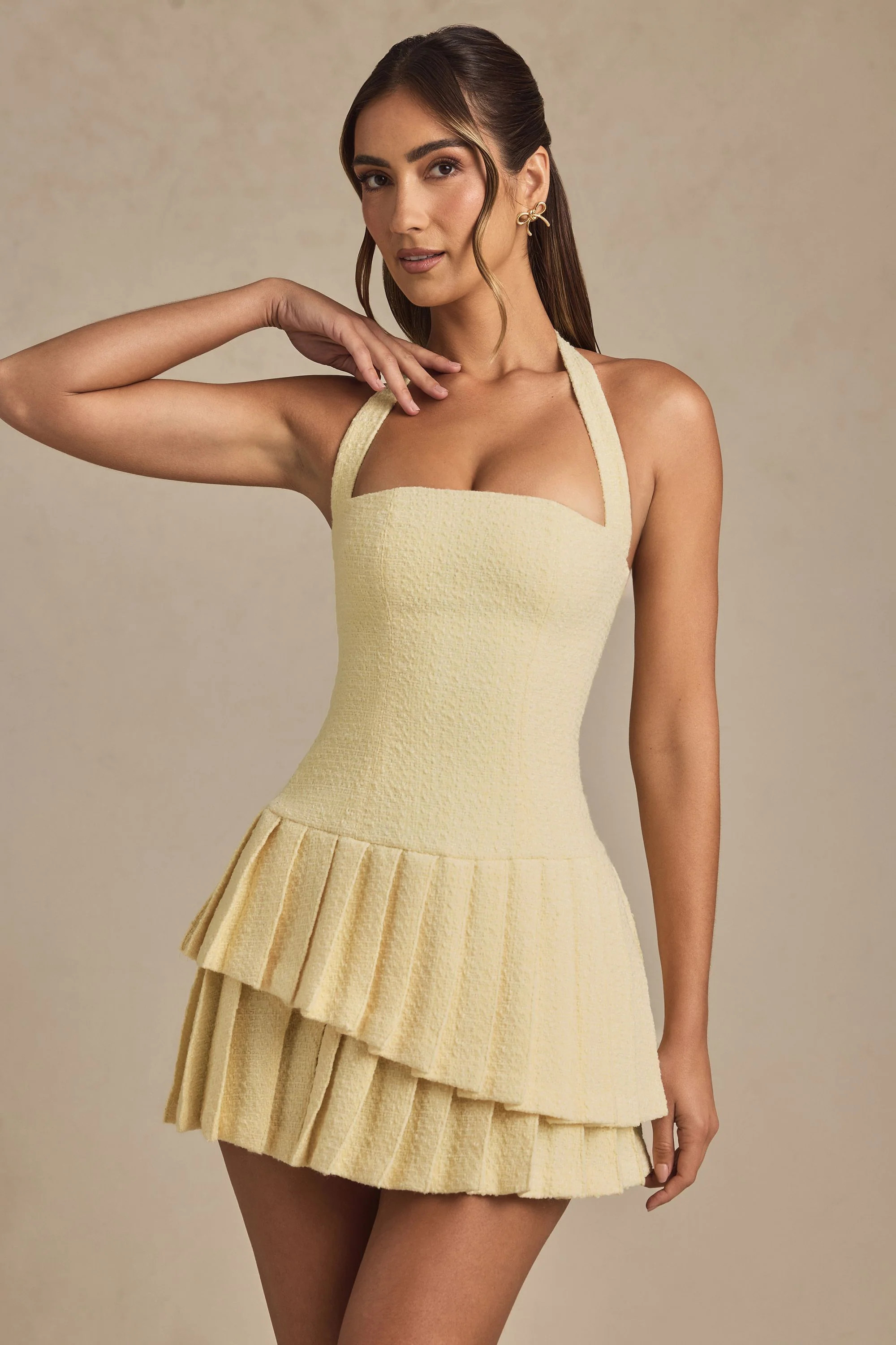 Asymmetric Layered Halterneck Mini Dress in Pastel Yellow | Oh Polly