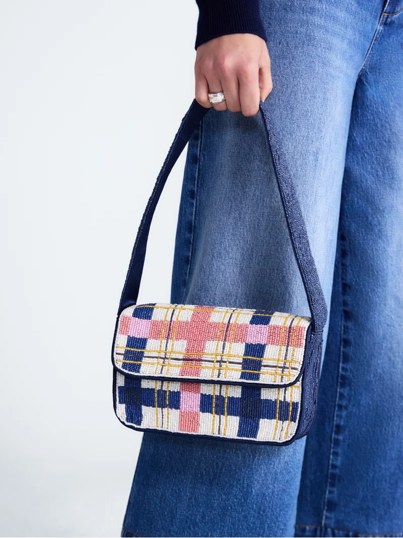 Free Assembly Women's Beaded Plaid Shoulder Bag, Multi | Walmart (US)