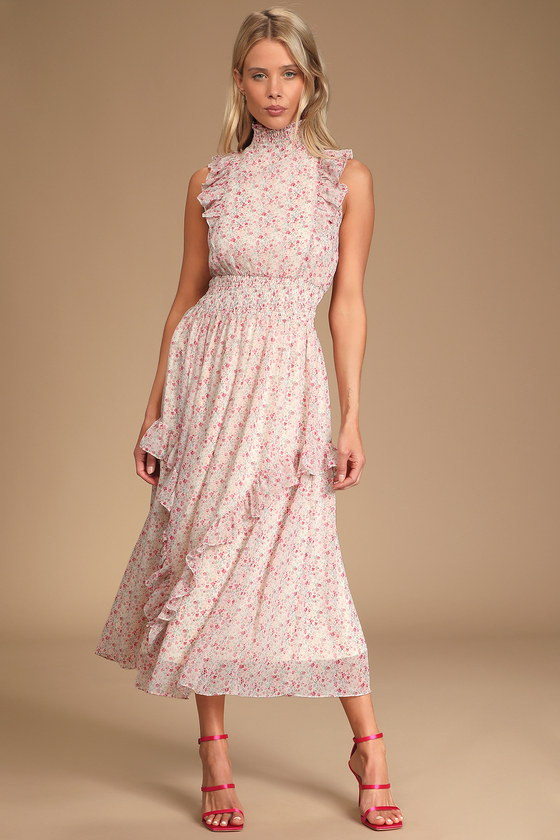 Evalina White Floral Print Mock Neck Midi Dress | Lulus (US)