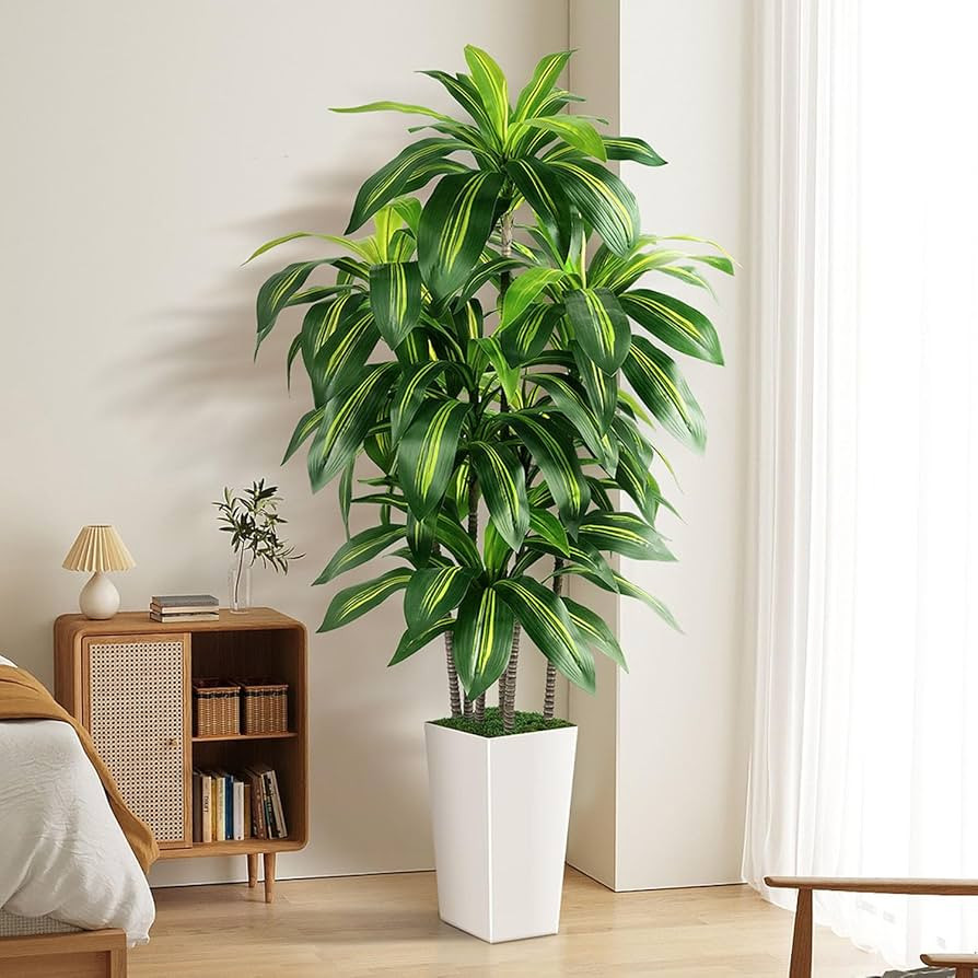 Artificial Dracaena Tree Indoor, 5FT Tall Fake Tree with White Tall Planter, Artificial Tree Fake... | Amazon (US)
