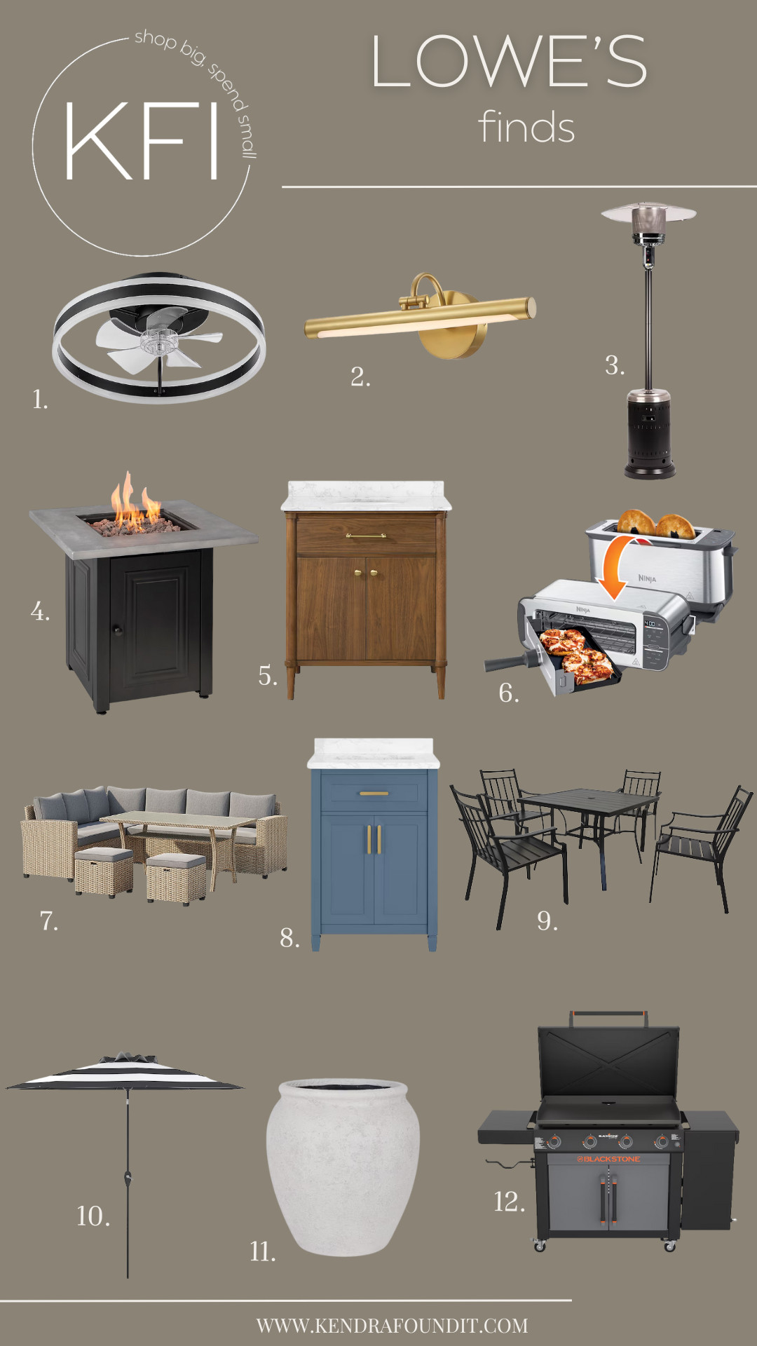 #ad I found some of the best Lowe’s finds that make home upgrades easy and affordable! Whether you're refreshing your outdoor space, updating a bathroom vanity, or adding stylish lighting solutions, these picks are perfect for a spring home refresh. 🌷

The modern ceiling fan with LED lighting is a sleek way to keep cool, while the brushed gold battery-powered picture light adds the perfect glow to artwork or hallways. If you're getting your backyard ready, the outdoor patio heater, fire pit, and Blackstone griddle grill are must-haves for entertaining.

Inside, the Ninja dual toaster oven is a space-saving kitchen essential, and the mid-century modern and blue bathroom vanities bring an elevated look to any space. For patio lovers, the outdoor sectional, black metal dining set, and striped market umbrella create a stylish, inviting setup. Plus, I couldn't resist this large neutral planter, which fits seamlessly into both indoor and outdoor spaces. These hidden gems are stylish, functional, and budget-friendly—tap to shop and grab these Lowe’s deals before they’re gone! 🛒✨

@loweshomeimprovement #LowesPartner  

 #LTKSeasonal #LTKHome #LTKSaleAlert