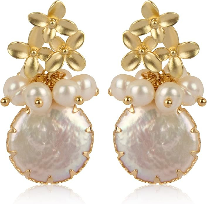 18k Gold Baroque White Big Pearl Drop Earrings For Women Handmade Trendy Comfy Real Freshwater Pe... | Amazon (US)