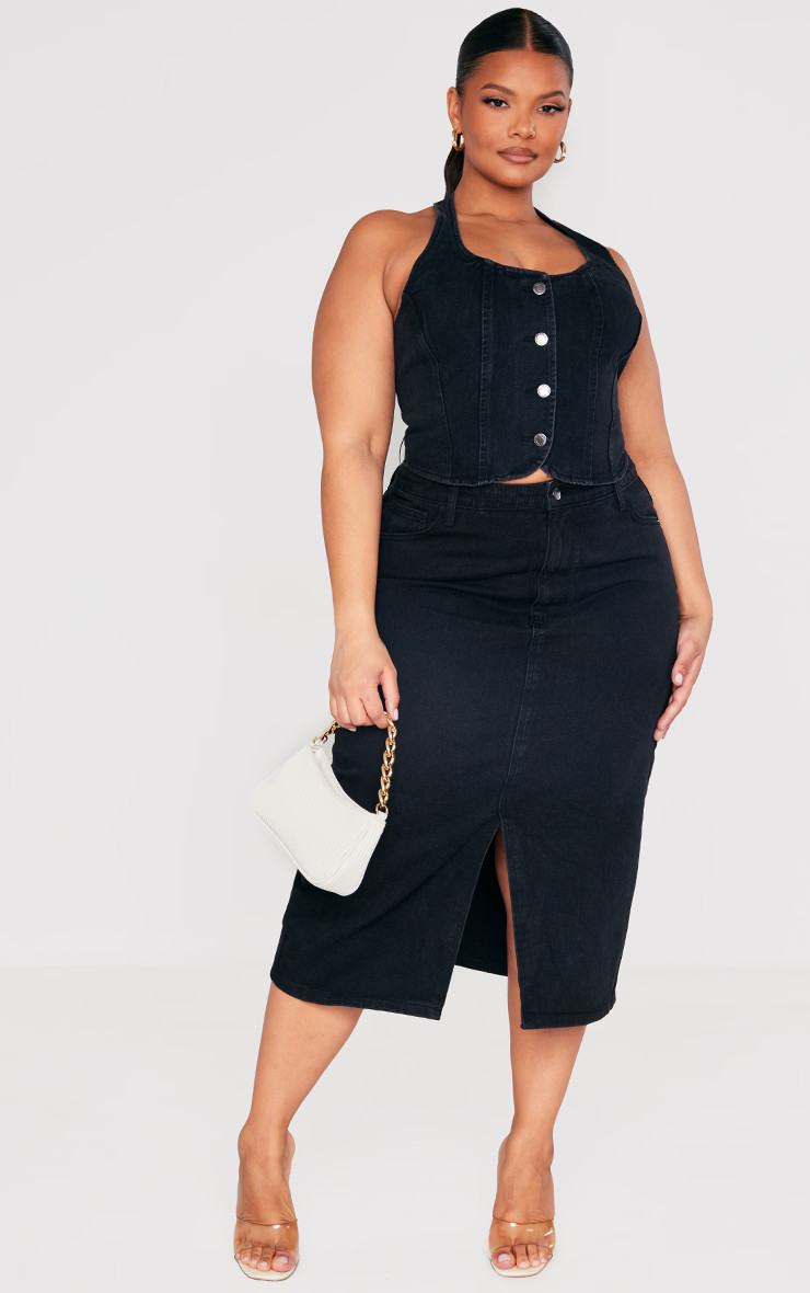 Plus Black Halterneck Button Up Denim Top | PrettyLittleThing US