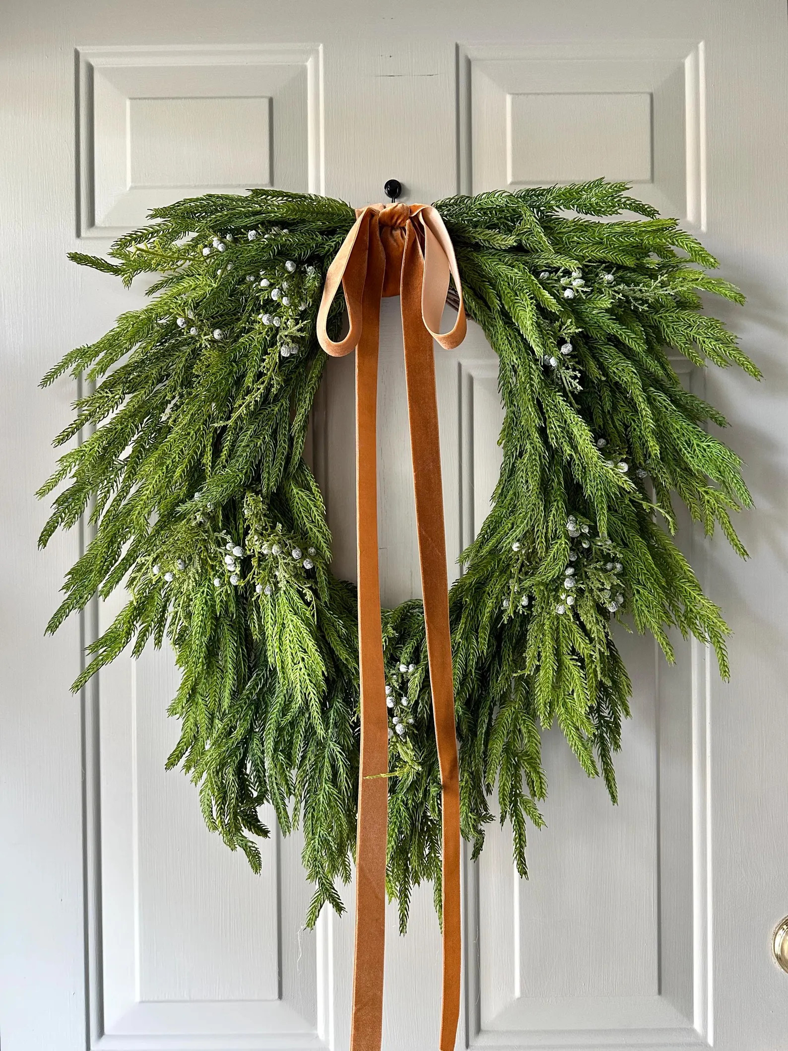 Winter Front Door Real Touch Norfolk Pine Wreath with Velvet Bow and Rustic Gold Bell, Cascading ... | Etsy (US)