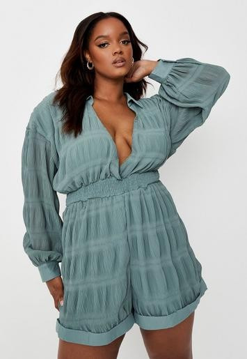 Plus Size Sage Crinkle Shirred Waist Romper | Missguided (US & CA)