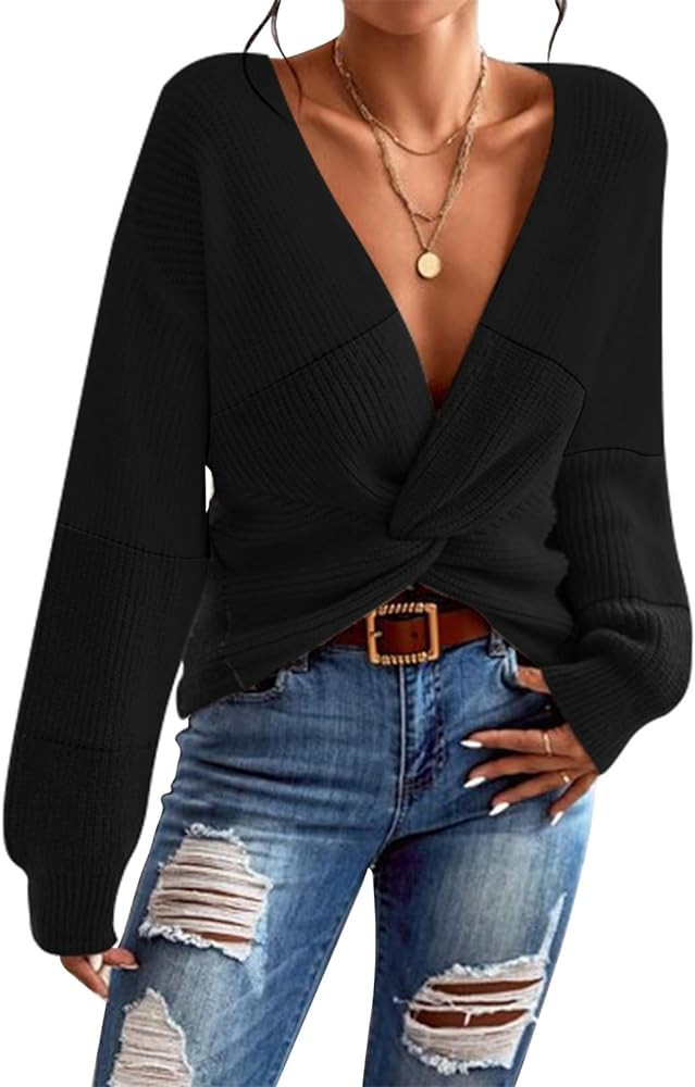 Pink Queen Women's 2023 Casual Pullover Sweaters Sexy V Neck Long Sleeve Twsit Knot Cropped Knit ... | Amazon (US)