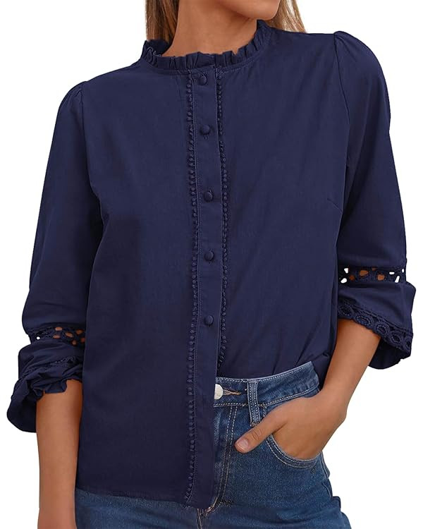 KIRUNDO Going Out Tops for Women Boho Cotton Eyelet Long Sleeve Button Up Shirt 2025 Fall Fashion... | Amazon (US)