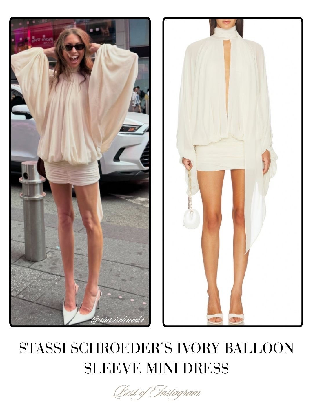 Stassi Schroeder’s Ivory Balloon Sleeve Mini Dress 📸 = @stassischroeder