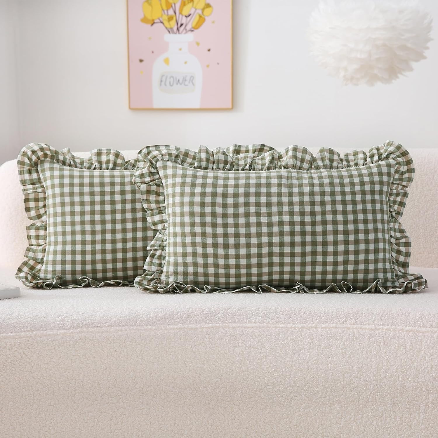 2 Pack Sage Green Plaid Ruffle Lumbar Pillow Shams 12x20 inches, Washed Cotton Gingham Checkered ... | Amazon (US)