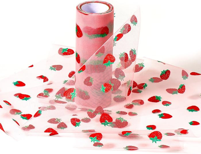 Strawberry Tulle Rolls, 6inx10 Yard (30 Feet), Dark Pink, Strawberry Pattern, Polyester Fabric, D... | Amazon (US)
