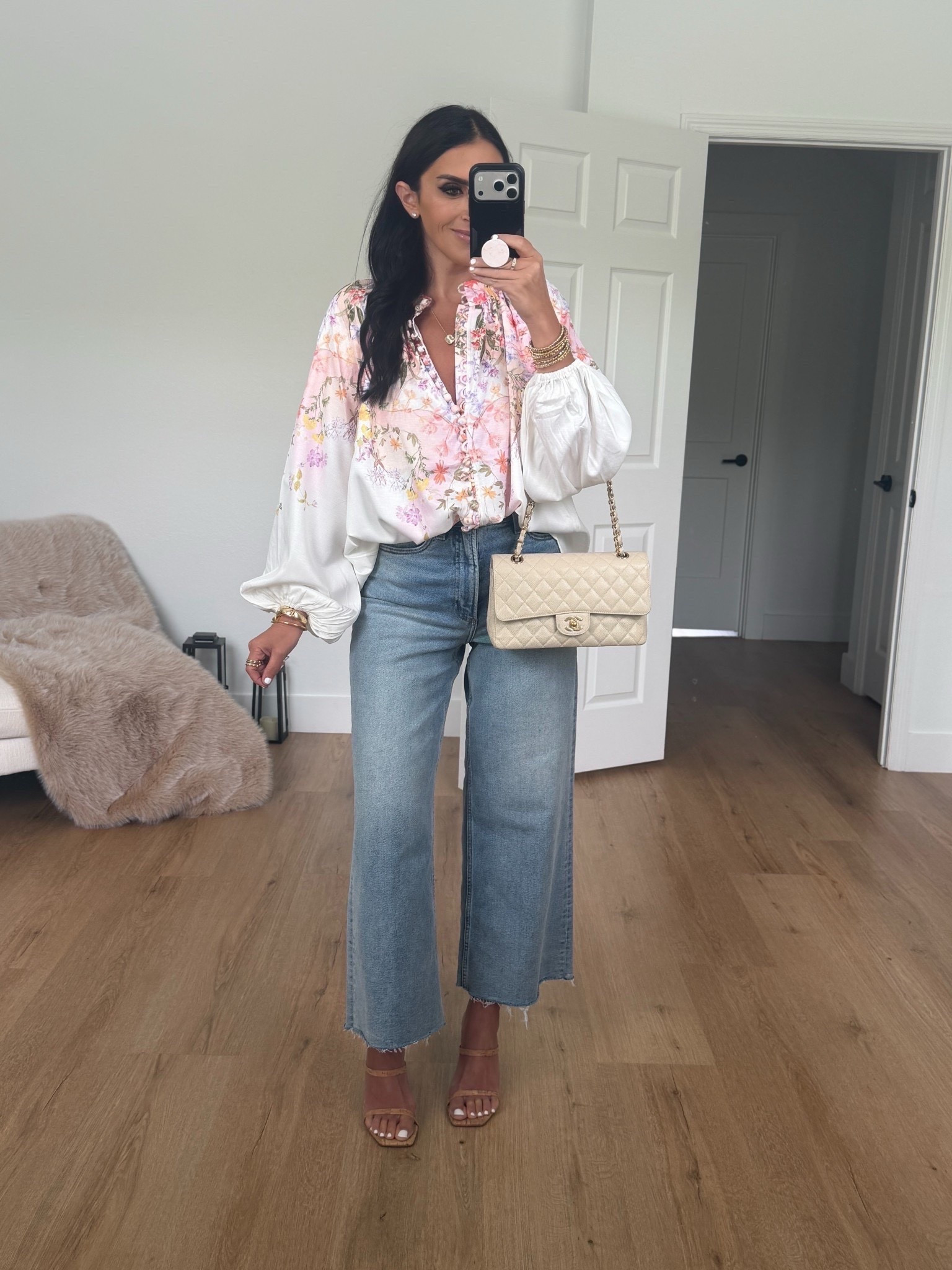 Petal & Pup Tiarna Floral Print Shirt wearing size small. Pistola Jeans