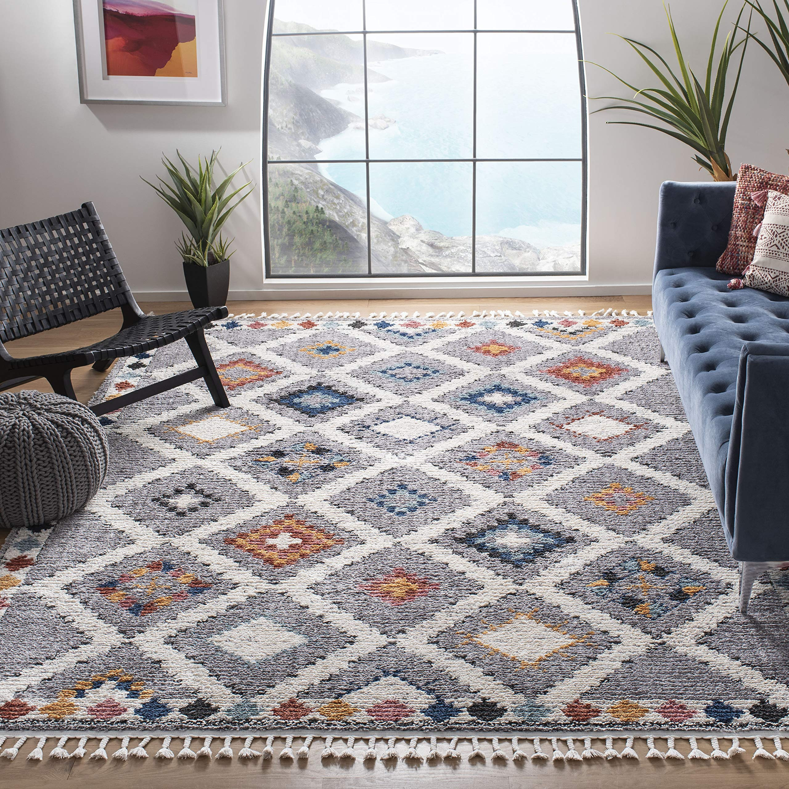 SAFAVIEH Area Rug 8x10 - Morocco Collection - Large - Grey & Multi, Moroccan Boho Tribal Design, ... | Amazon (US)