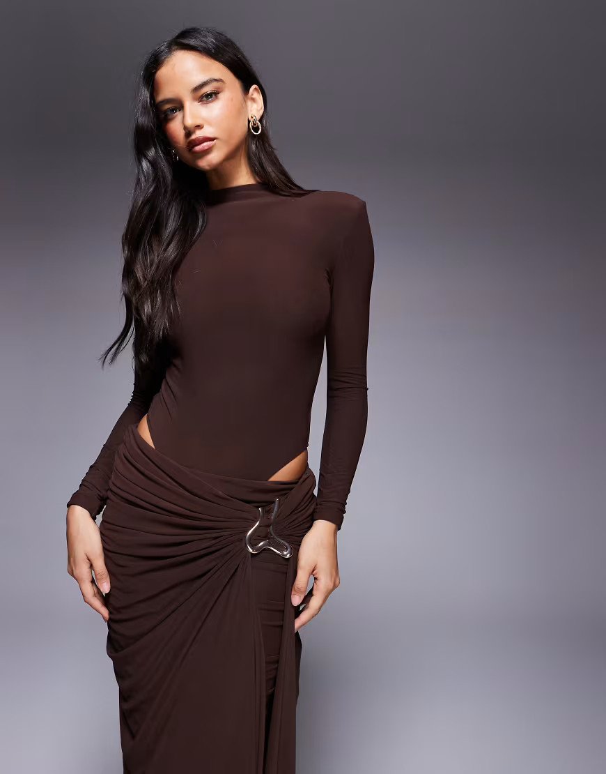 Wanderdoll triple layered sculpting mesh high neck shoulder pad detail bodysuit co-ord in espresso-Brown | ASOS (Global)