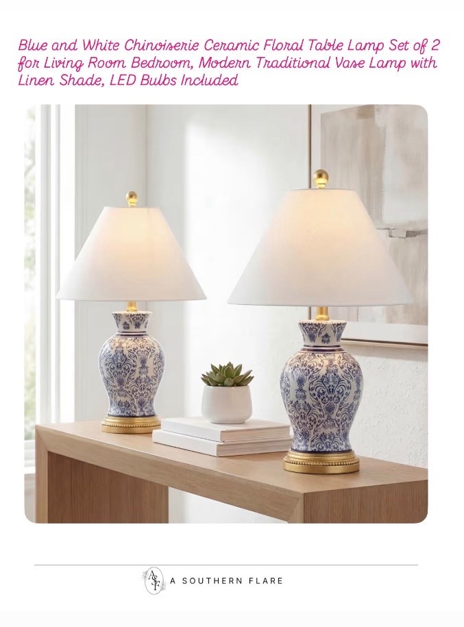 Ble and White Chinviserie Ceramic Floral Table Lamp Set of 2 for Living Room Bedroom, Modern Traditional Vase Lamp with Linen Shade, LED Bulbs Induded

#LTKHome