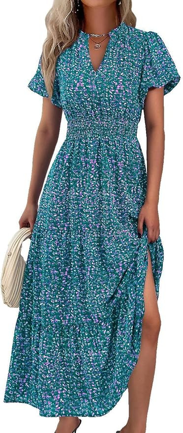 MASCOMODA Summer Maxi Dresses for Women 2026 Casual V Neck Puff Short Sleeve Smocked Flowy Beach ... | Amazon (US)