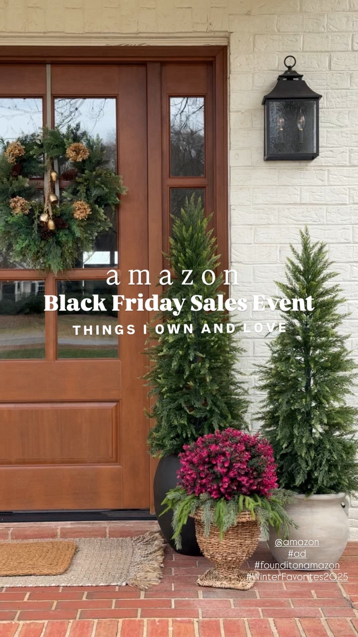 @amazon #ad #founditonamazon #WinterFavorites2025
Amazon finds | holiday front porch | winter front porch | home decor | faux cedar trees | red eucalyptus trees | outdoor wall sconce | flickering flame lightbulbs | antique bells | winter wreath | doormat