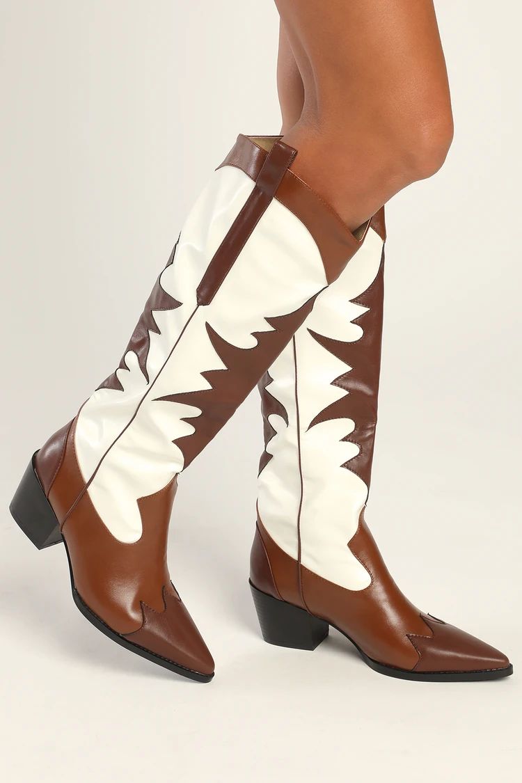 Raynna Tan Color Block Knee-High Western Boots | Lulus (US)