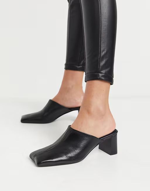 ASOS DESIGN Surreal premium leather mid heeled mules in black | ASOS (Global)