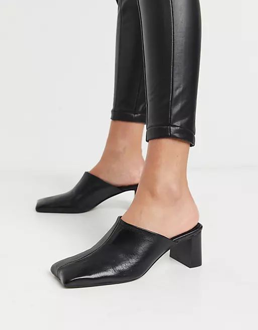 ASOS DESIGN Surreal premium leather mid heeled mules in black | ASOS (Global)