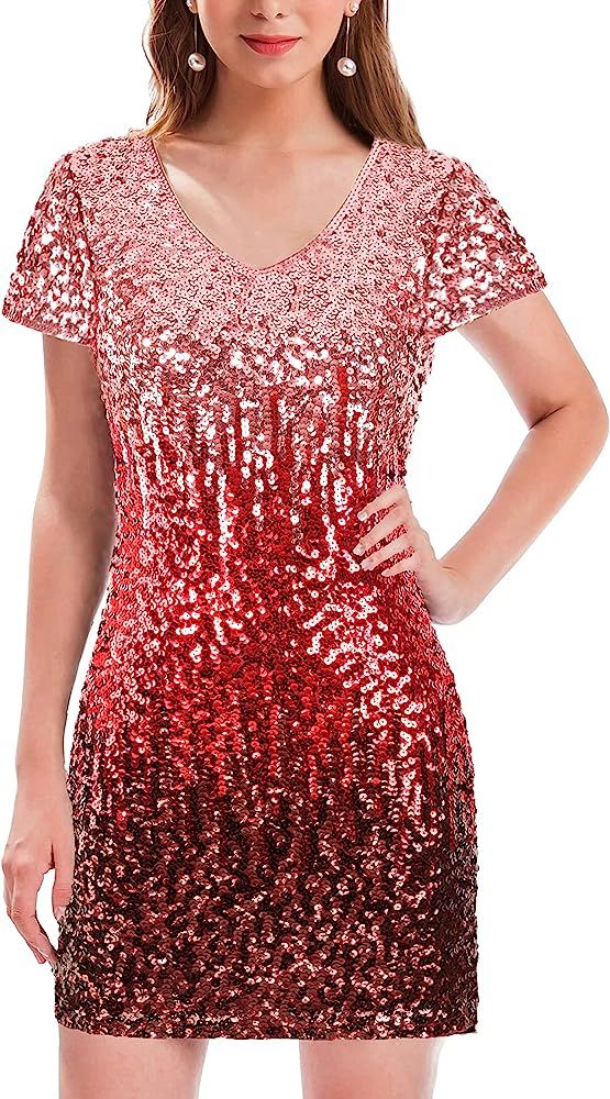 MANER Women's Sequin Glitter Short Sleeve Dress Sexy V Neck Mini Party Club Bodycon Dresses | Amazon (US)