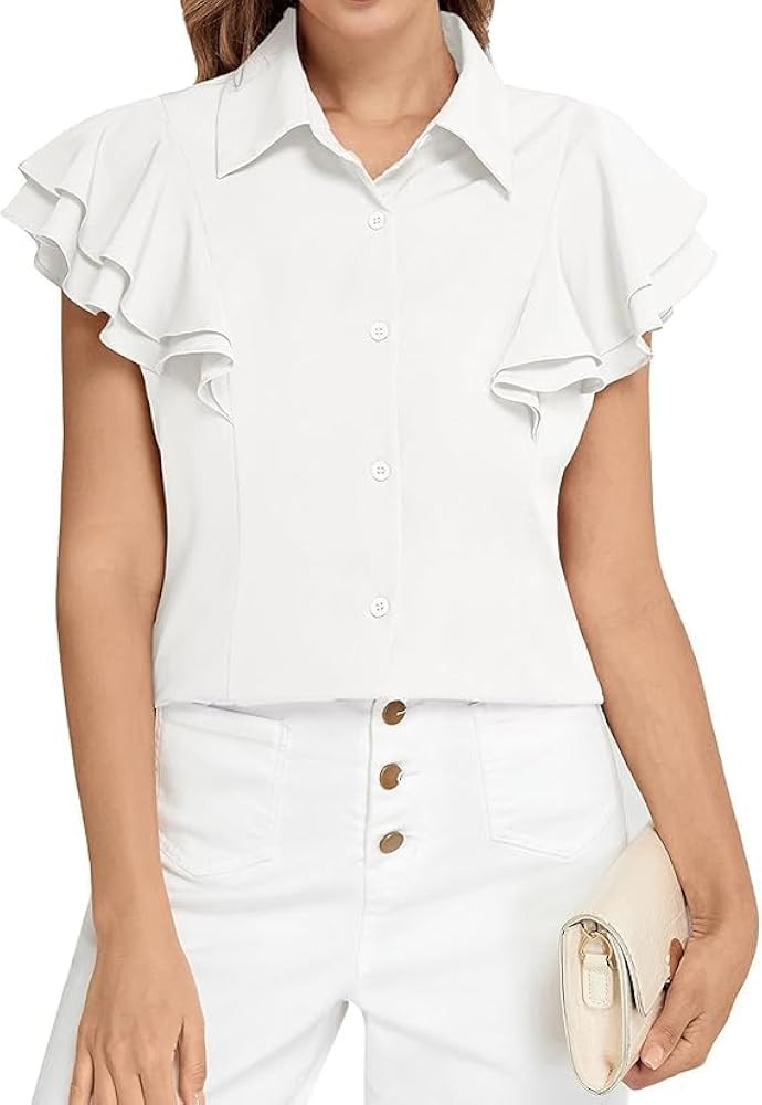 Belle Poque Blouses for Women UK Ruffle Short Sleeve Button Down Blouse Casual Business Blouse Wo... | Amazon (UK)